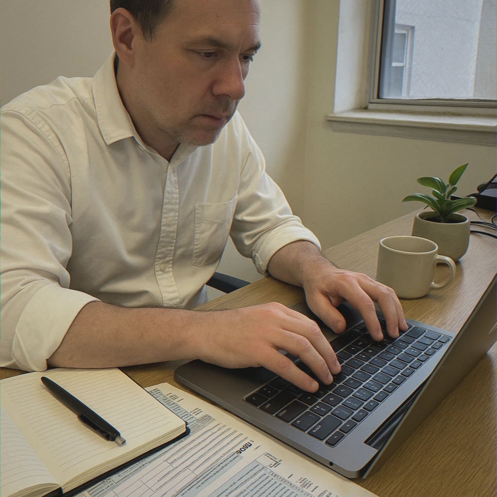 Professional reviewing tax documents in office