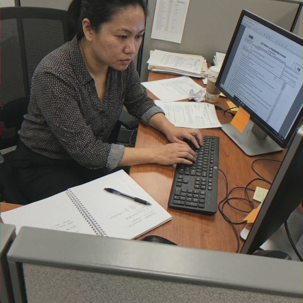 Southeast Asian woman typing at desk