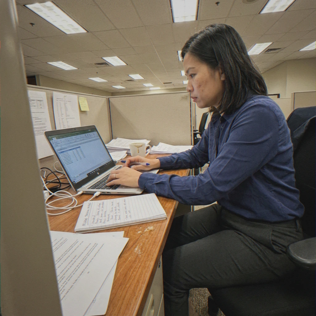 Woman typing mileage mistakes on laptop