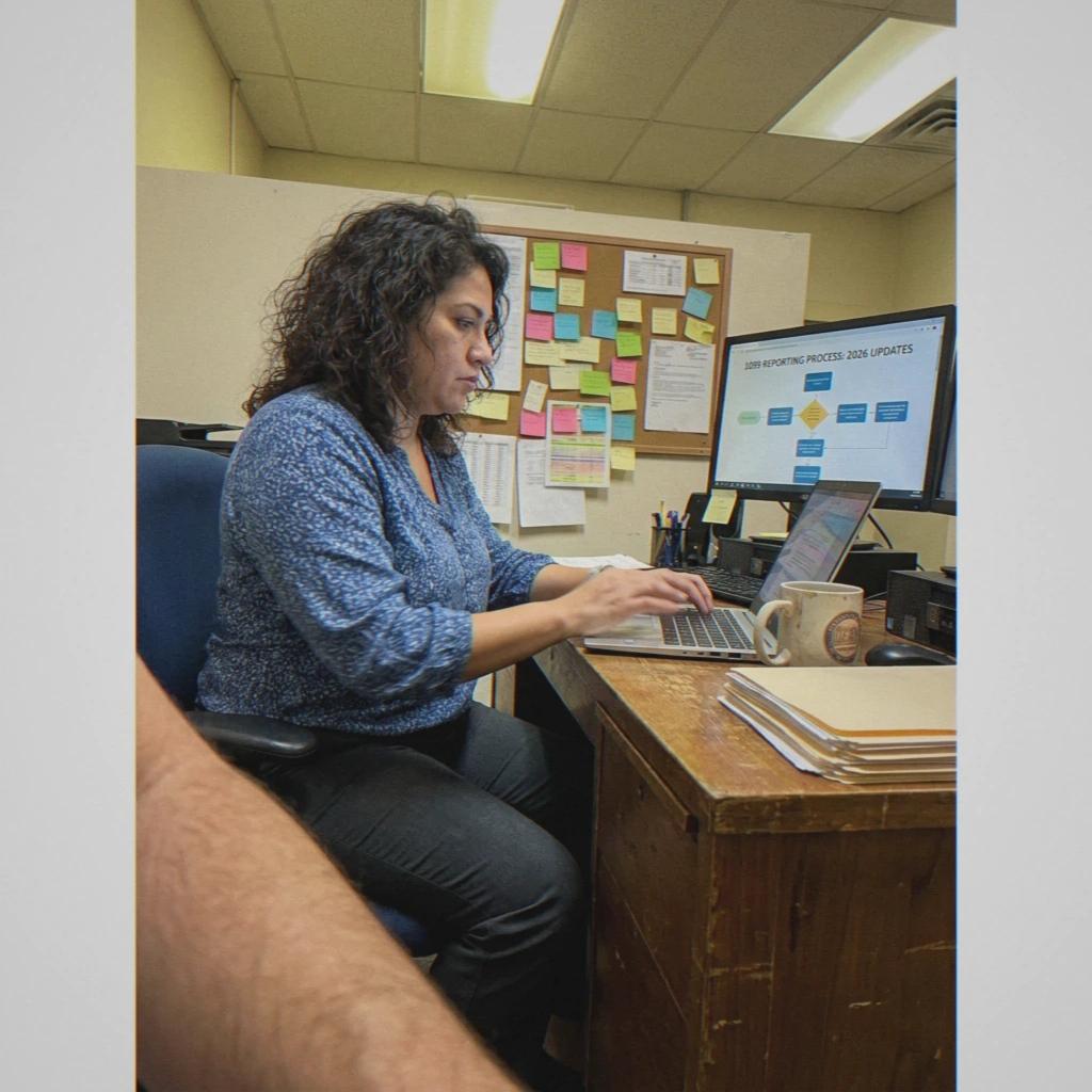 Woman typing on laptop in office