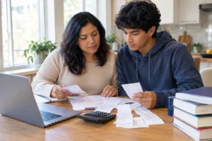 Mother and son reviewing college tuition receipts providing scl tax services in the bronx, ny 10470