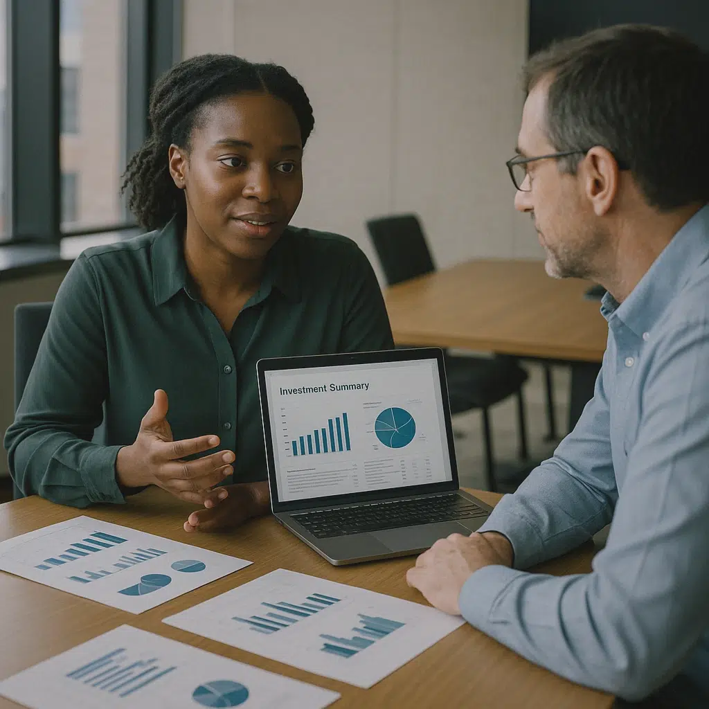 Black woman discussing investment results
