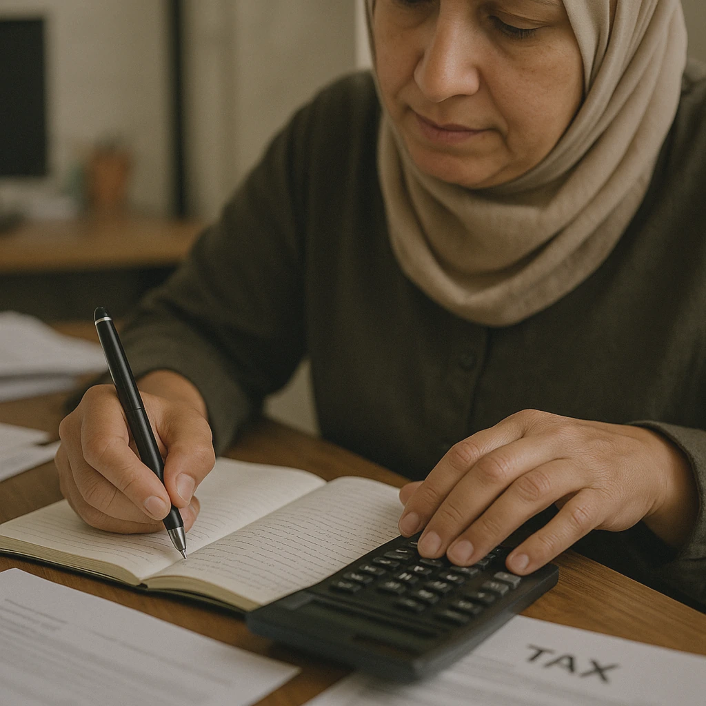 Close-up of hands writing tax notes