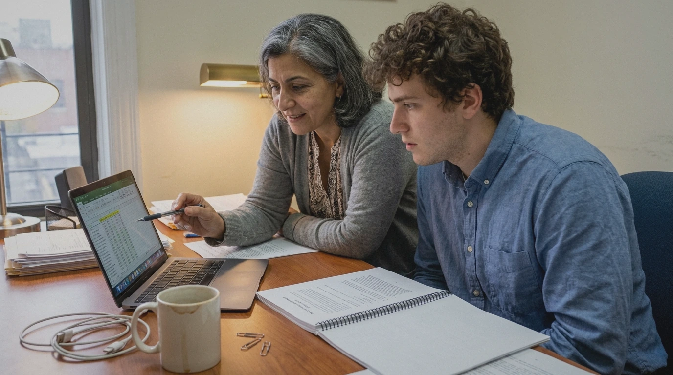 Colleagues discussing tax documents together