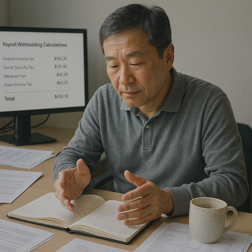 East Asian man discussing payroll details