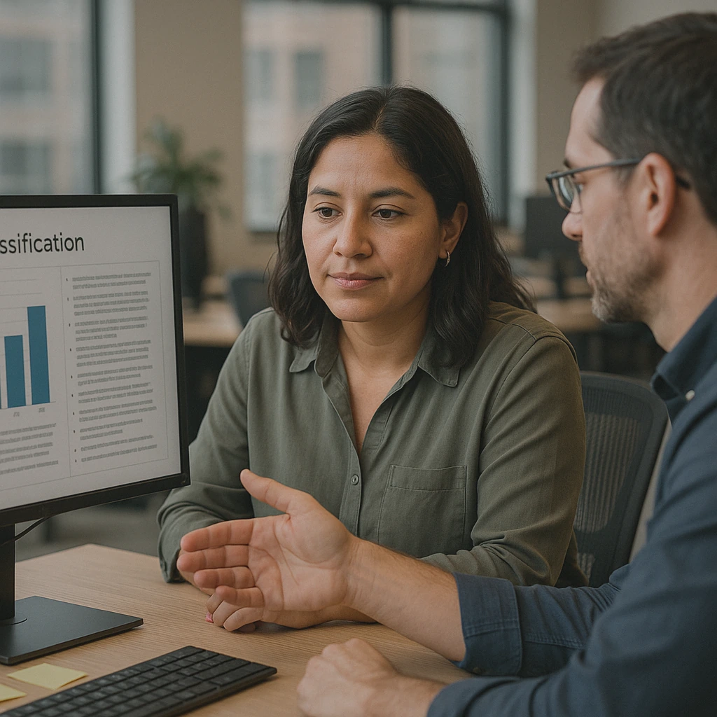 Latina woman reviewing classification document
