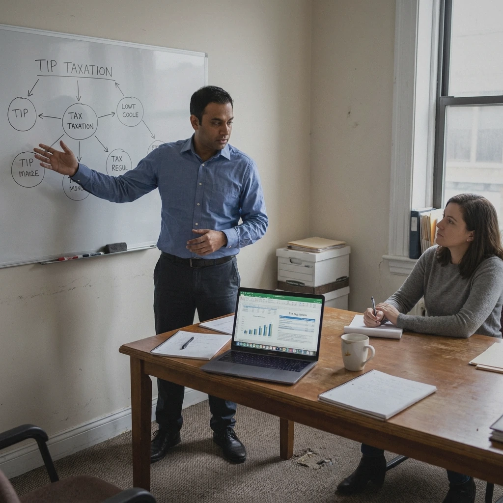 Man explaining tip taxation in conference room