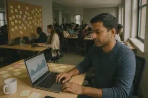 South Asian man working on investment analysis
