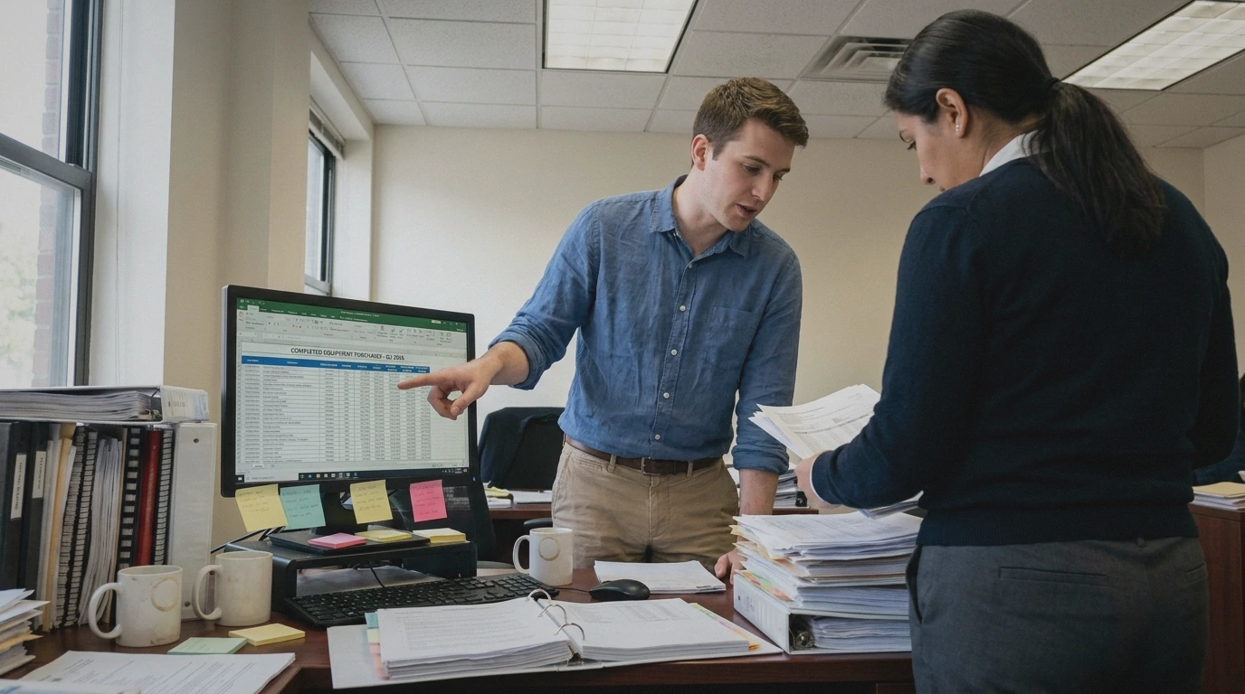 White man discussing equipment purchase results at SCL Tax services in the bronx, NY. 10470