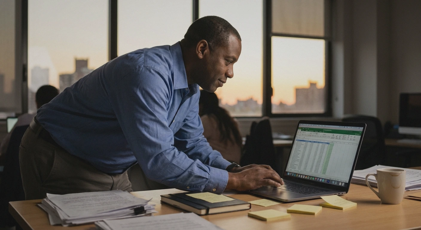 Wide shot of a man at his desk