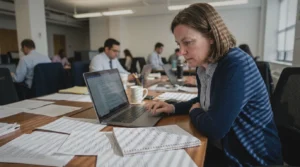 Woman reviewing tip tax regulations at desk